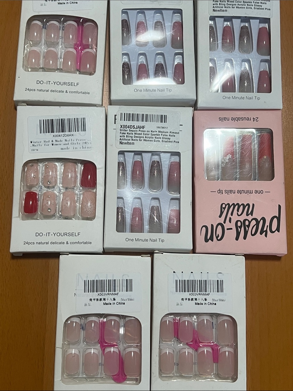 NWT 8 pack Assorted Press-On Nail Sets in Neutral, Pink and Red Shades